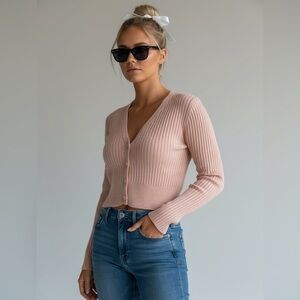 Zara Blush Pink‎ Size Small Ribbed Cropped Button Up Cardigan Sweater